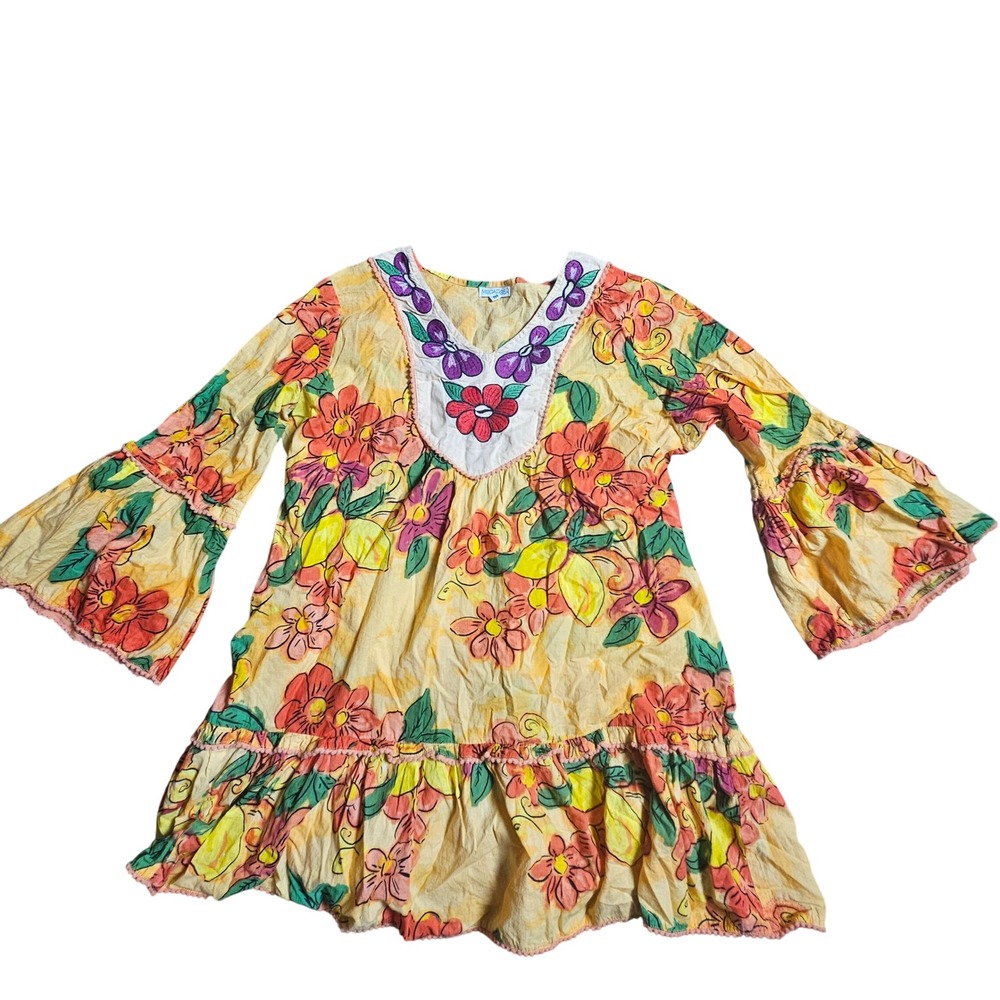 Modaposa Floral Embroidered Bell Sleeve Tunic Mini Dress M Cotton Cottagecore